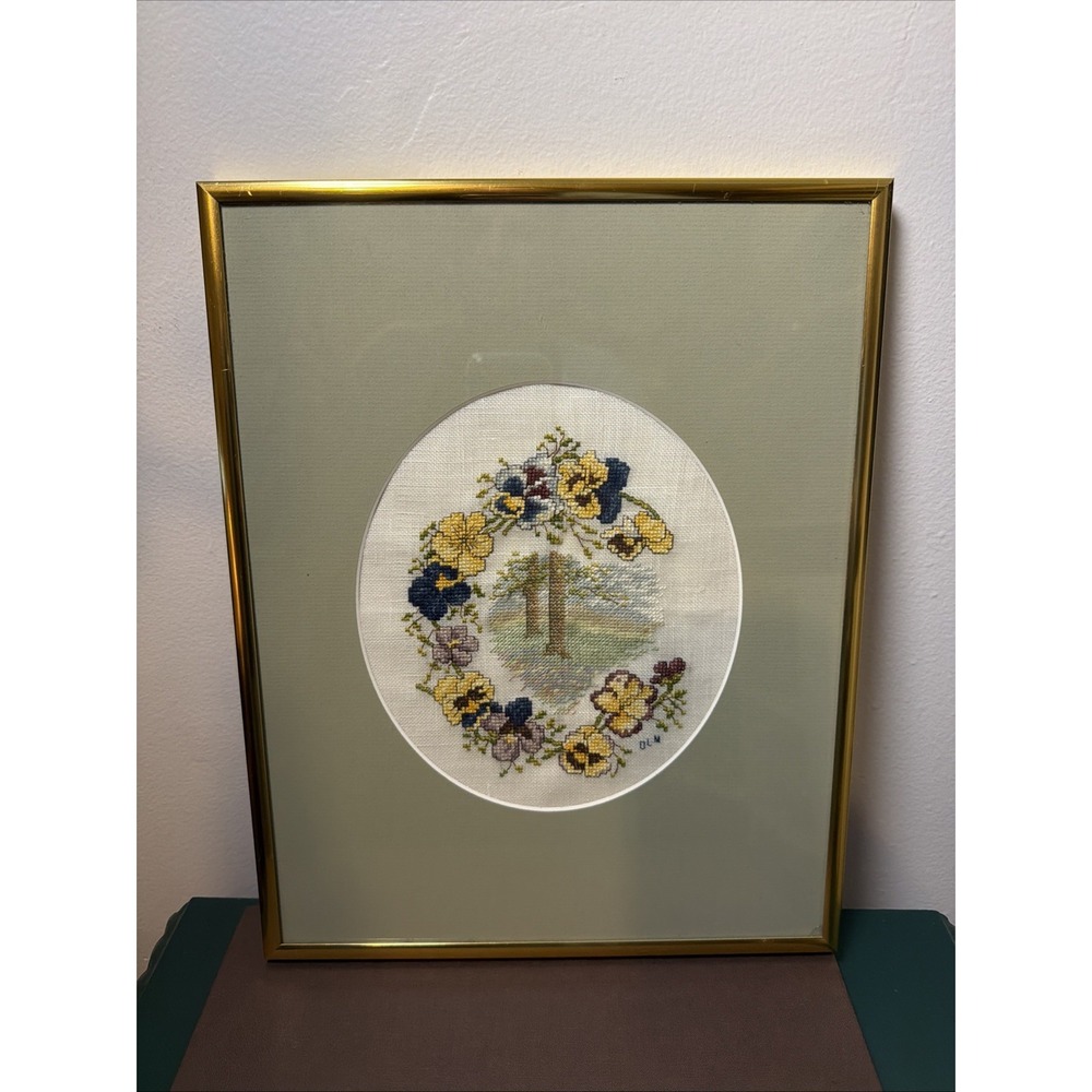 Vintage Pansy Wreath Needlepoint Framed Artwork Cottagecore Country Farmhouse